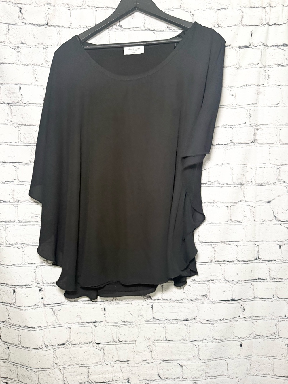 Flowy Black Women's Top - Pleated Sleeve Tunic. Size L